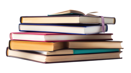 Stack of colorful hardcover books on a black background