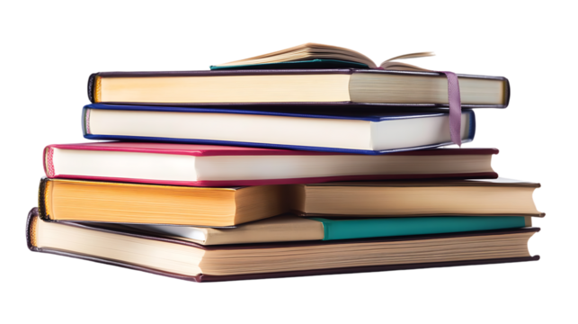 Stack of colorful hardcover books on a black background