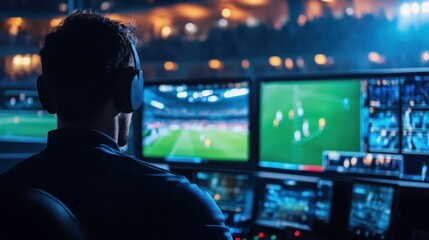 Sports analyst monitoring live football match from control room setup