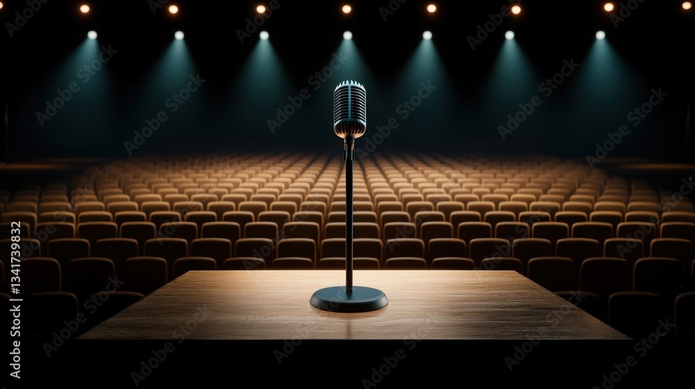 Poster a microphone on an empty stage bathed in soft light, symbolizing the tension and excitement before a