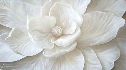 A creamy white magnolia in full bloom, with soft petals radiating from its intricate floral center.

