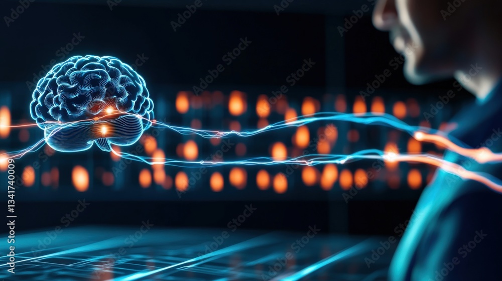 Poster neuroscience breakthroughs exploring brain connectivity laboratory setting digital artwork high-tech