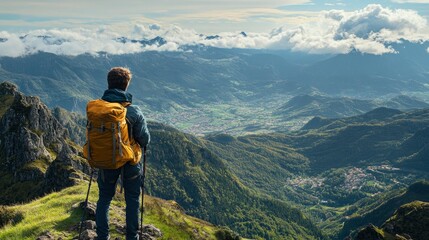 Fototapeta premium Hiker gazing at a stunning mountain landscape with valleys and clouds in the background, capturing nature's beauty