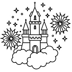 A cartoon vector illustration depicts a fairytale castle with medieval architecture, its towers reaching towards a fantasy sky