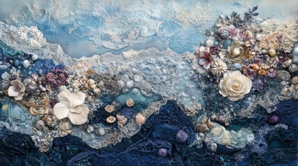 Seashell and Flower Textured Collage in Blue and Beige