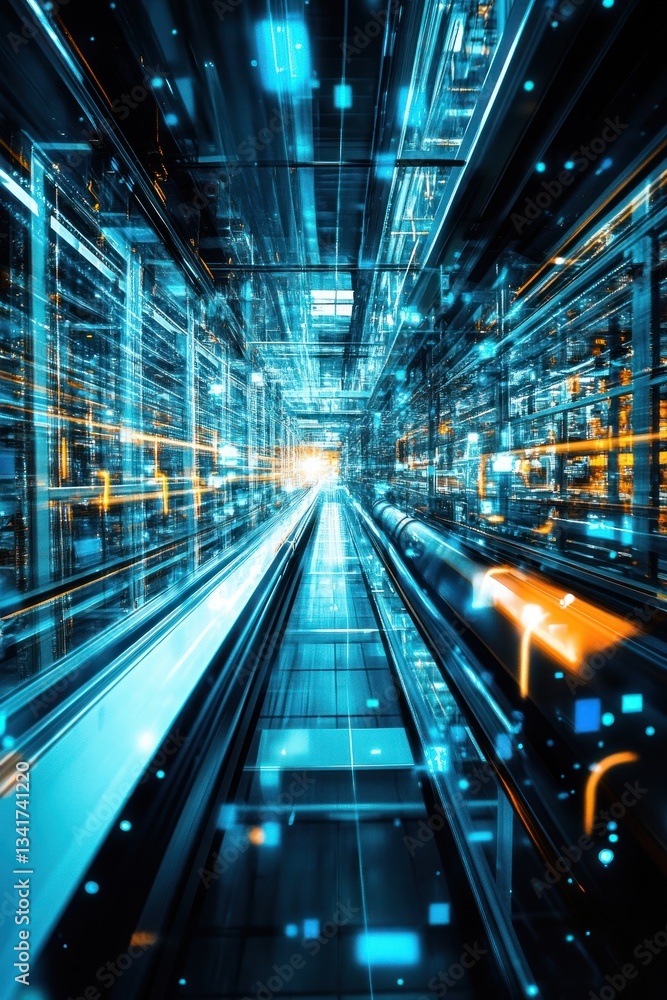 Poster futuristic digital corridor with glowing lines and data streams at high speed