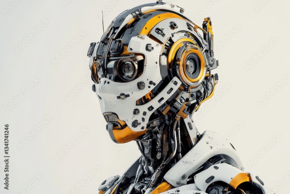 Poster detailed robotic head with intricate design showcasing advanced technology and craftsmanship