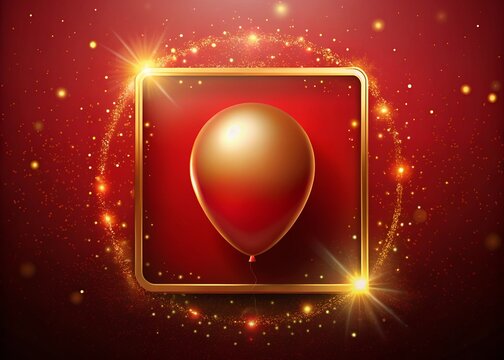 A Celebratory Red And Gold Balloon Floats In A Sparkling Golden Frame, A Symbol Of Joy And Festive Elegance Against A Rich Red Background - Powered by Adobe