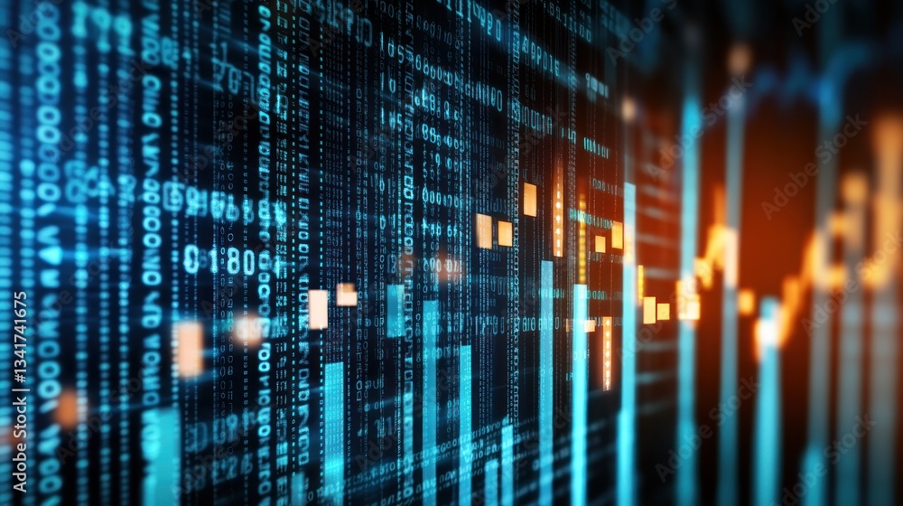 Poster abstract digital data visualization with glowing graphs and numbers