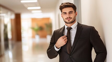Fototapeta premium young male professional in a sharp suit, adjusting his tie while standing in an office hallway, exuding confidence and professionalism, with a clean, modern office backdrop. Copy space. young 