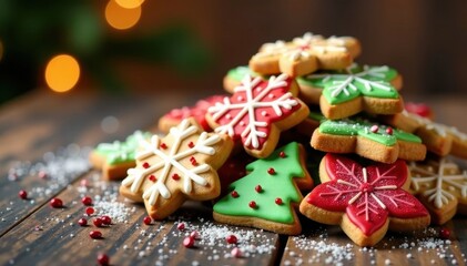 Obraz premium Colorful heap of traditional Christmas cookies on a wooden table, holiday baking, seasonal sweets
