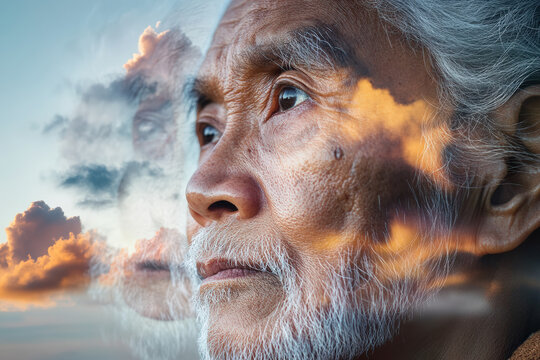 awe-inspiring image of an elderly man’s face blended with a picturesque sky, creating a double exposure effect emphasizing themes of wisdom, nature, and contemplation
