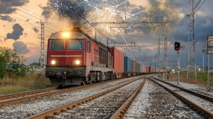 Obraz premium A cargo train in China with digital blockchain connections linking supply chain elements.