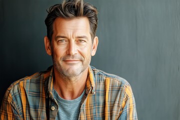 Portrait of a Smiling Man Wearing a Plaid Shirt Against a Dark Background Indoors