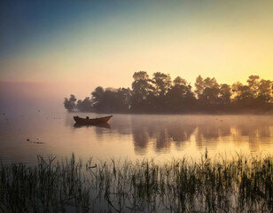A serene dawn scene with a boat on a misty lake, capturing the beauty of a golden sunrise and mountain silhouette. For nature, travel, and landscape themes. Landscape in a lake with fog in morning