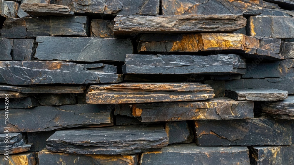 Poster a close-up of dark slate stacked seamlessly, its rich textures creating a striking composition.