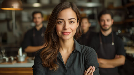 Empowered business woman leading small team in casual restaurant setting, showcasing confidence and teamwork