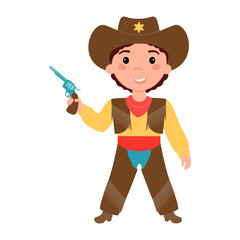 Boy dressed in a cowboy costume, a sheriff and holding a gun in his hands.