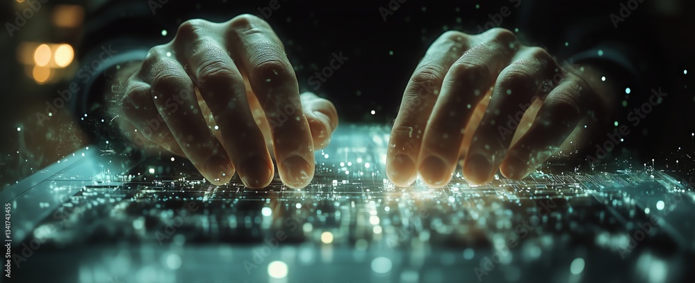 Poster hands interacting with a digital interface displaying futuristic city elements