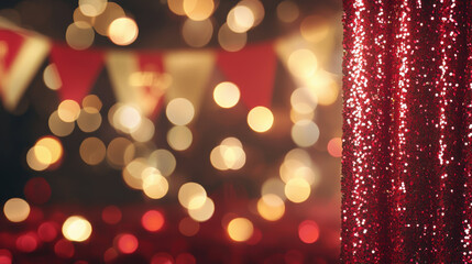 Bright red sequins shimmer in festive atmosphere, with blurred lights and colorful bunting creating joyful celebration