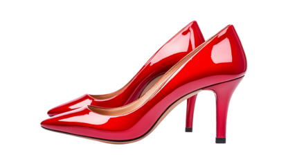 The image showcases a pair of vibrant red, shiny high heel shoes against a stark black background, emphasizing their stylish design.