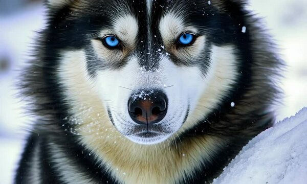 Close-up of a Siberian Husky's face with bright blue eyes in snowy weather, concept for pet photography, winter wonderland themes, and animal portraiture