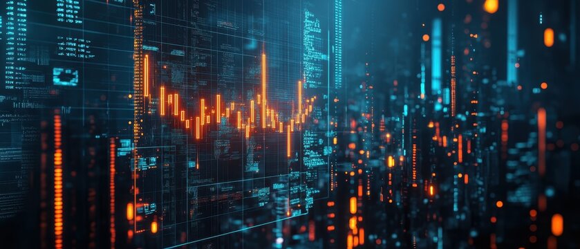 A dynamic digital visualization displaying data graphs and metrics, representing financial analytics and technology. - Powered by Adobe