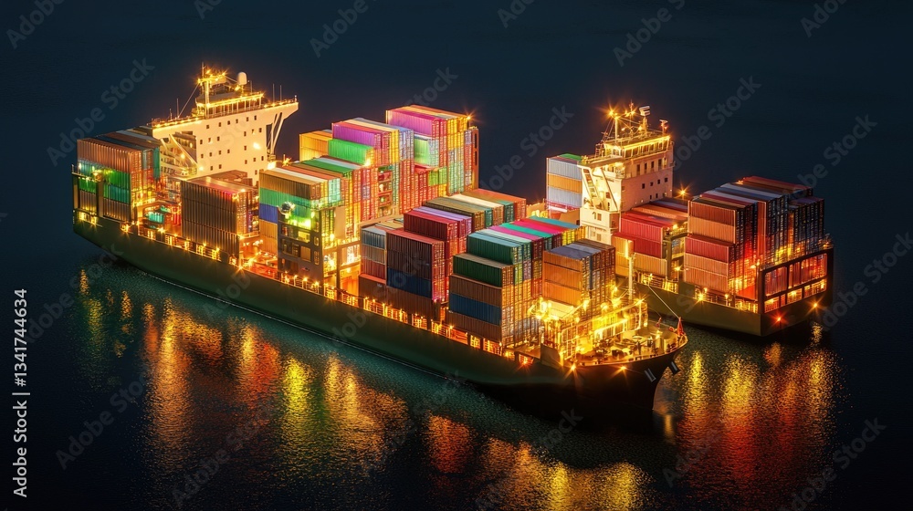 Poster a digital blockchain interface connecting chinese shipping containers, enhancing efficiency.