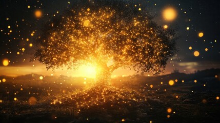 Naklejka premium Glowing Tree with Sunset Landscape.