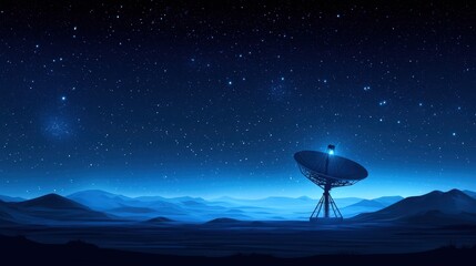 A vast desert under a deep starry night sky, a large satellite dish array capturing distant signals, illuminated by soft moonlight, symbolizing advanced communication.