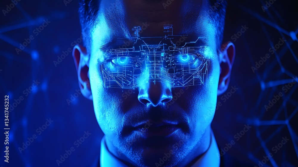 Poster a businessman analyzing a glowing holographic ai-driven network optimization report, improving data 