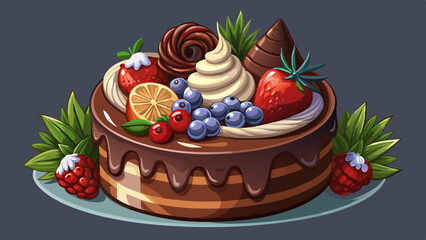 Christmas chocolate cake, a closeup photo of chocolate creamy pastries with berries on top and chocolate mousse, neutral dark background ideal for food and bakery content