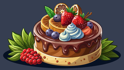 Christmas chocolate cake, a closeup photo of chocolate creamy pastries with berries on top and chocolate mousse, neutral dark background ideal for food and bakery content