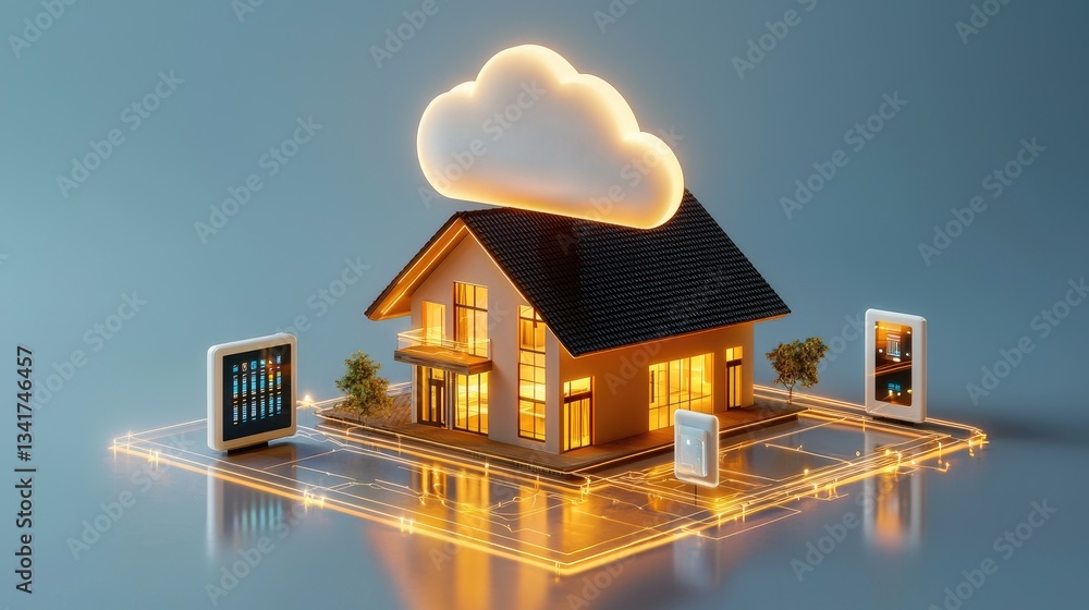 Poster a glowing cloud icon surrounded by connected smart home devices in a virtual network.