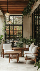stylish outdoor patio featuring comfortable wooden furniture, lush greenery, and large windows that invite natural light, creating serene and inviting atmosphere for relaxation