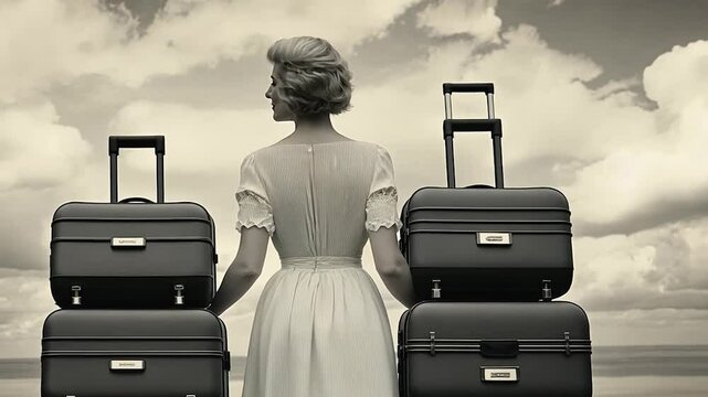 Woman in vintage dress carrying stacked suitcases against a cloudy sky