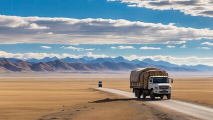 Obraz premium A semi-truck is driving along a wide, open road through a vast, green landscape under a clear sky.