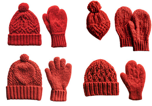 Collection of Red Knit Winter Hats and Gloves for Cold Weather isolated with Transparent Background