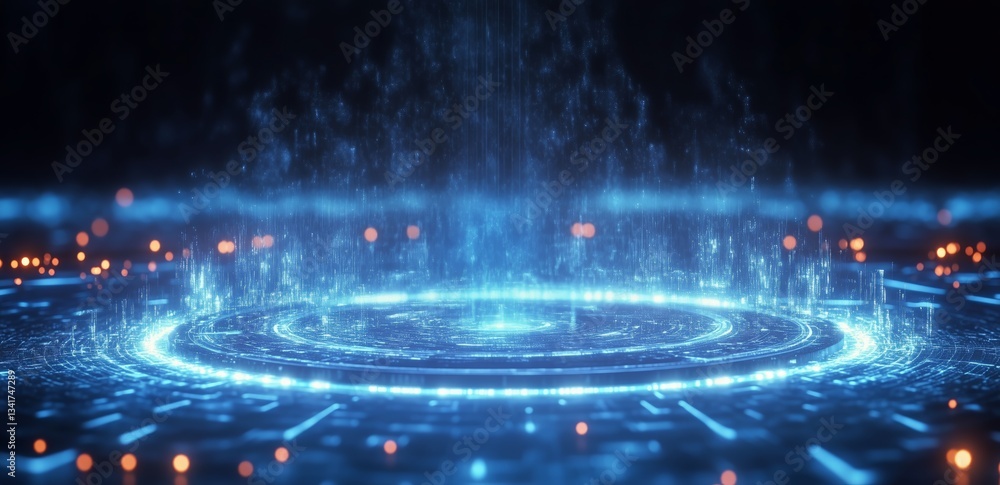 Poster bright blue digital vortex with glowing circular patterns and streaming light effects in dark space