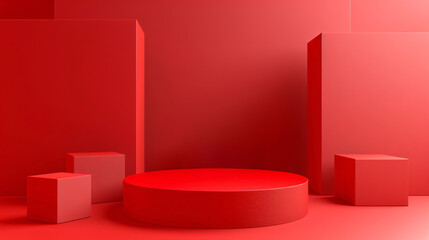 Red pedestal on a red background with space for text, cube wall, and floor - 3D illustration.
