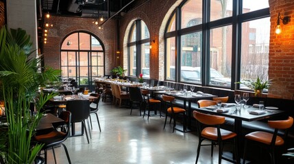 Naklejka premium Modern restaurant interior with large windows (1)