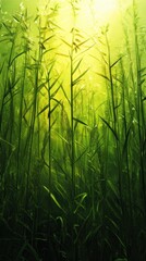 Swirling patterns of wildflower and meadow grass blades create delicate movements in a vibrant green setting
