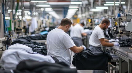 Fototapeta premium Workers assembling garments in a busy textile factory