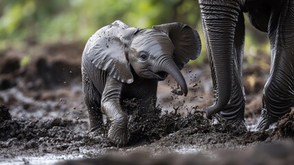 Fototapeta premium Muddy adventure: A young elephant's playful splash in the mud with parent nearby