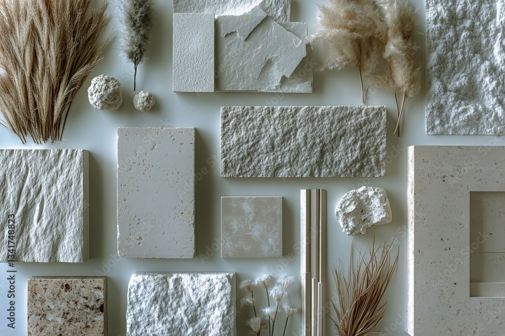 Poster natural textures and neutral colors arranged in an artistic display in a minimalist space
