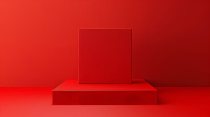 Red pedestal on a red background with space for text, cube wall, and floor - 3D illustration.
