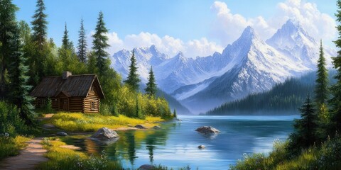 Fototapeta premium Lakeside Cabin, Mountains, Scenic Landscape, Peaceful Retreat