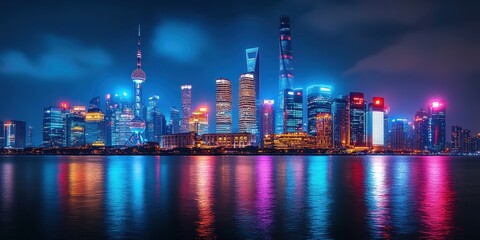 A city skyline is reflected in the water