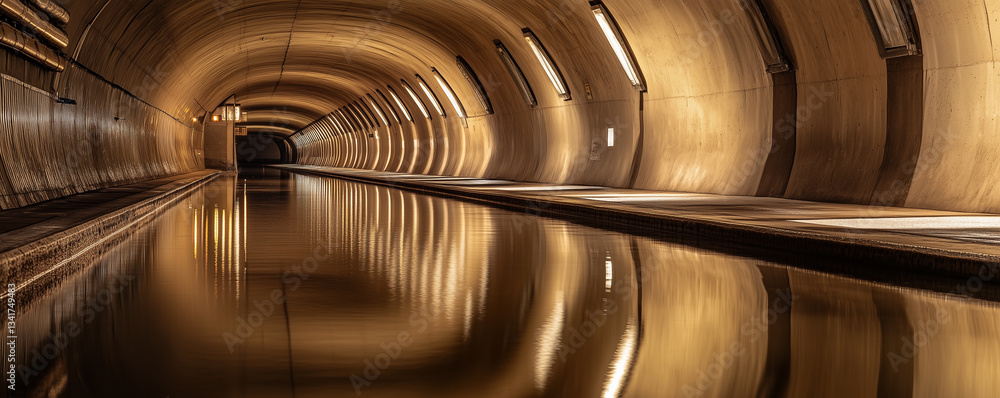 Poster subway tunnel devoid of tracks showcasing an endless reflection of light and water
