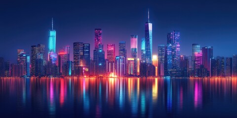 A city skyline with a large body of water in the background